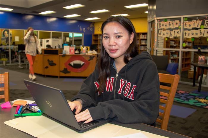 Female sitting at a table with a laptop